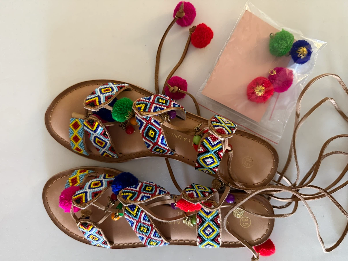 NEW! Chinese Laundry Beaded Pom Pom Lace-Up Sandals - photo 4
