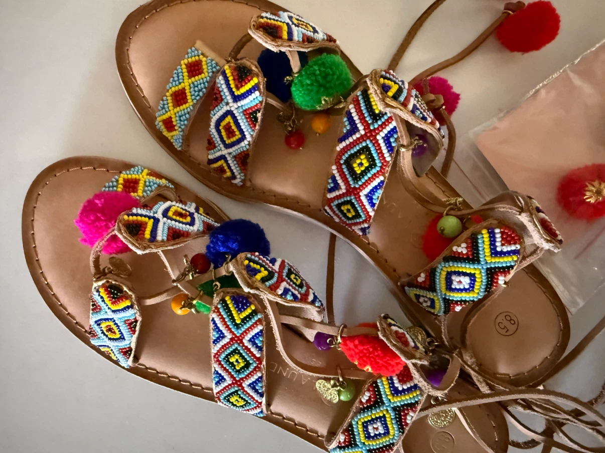 NEW! Chinese Laundry Beaded Pom Pom Lace-Up Sandals - photo 5