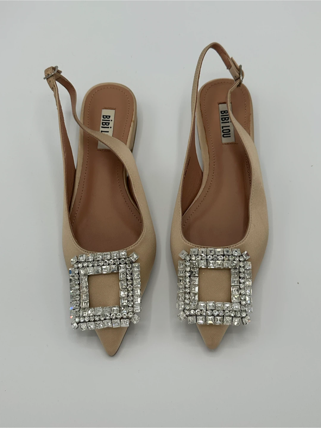 Bibi Lou Beige Slingback Flats with Crystal Buckle