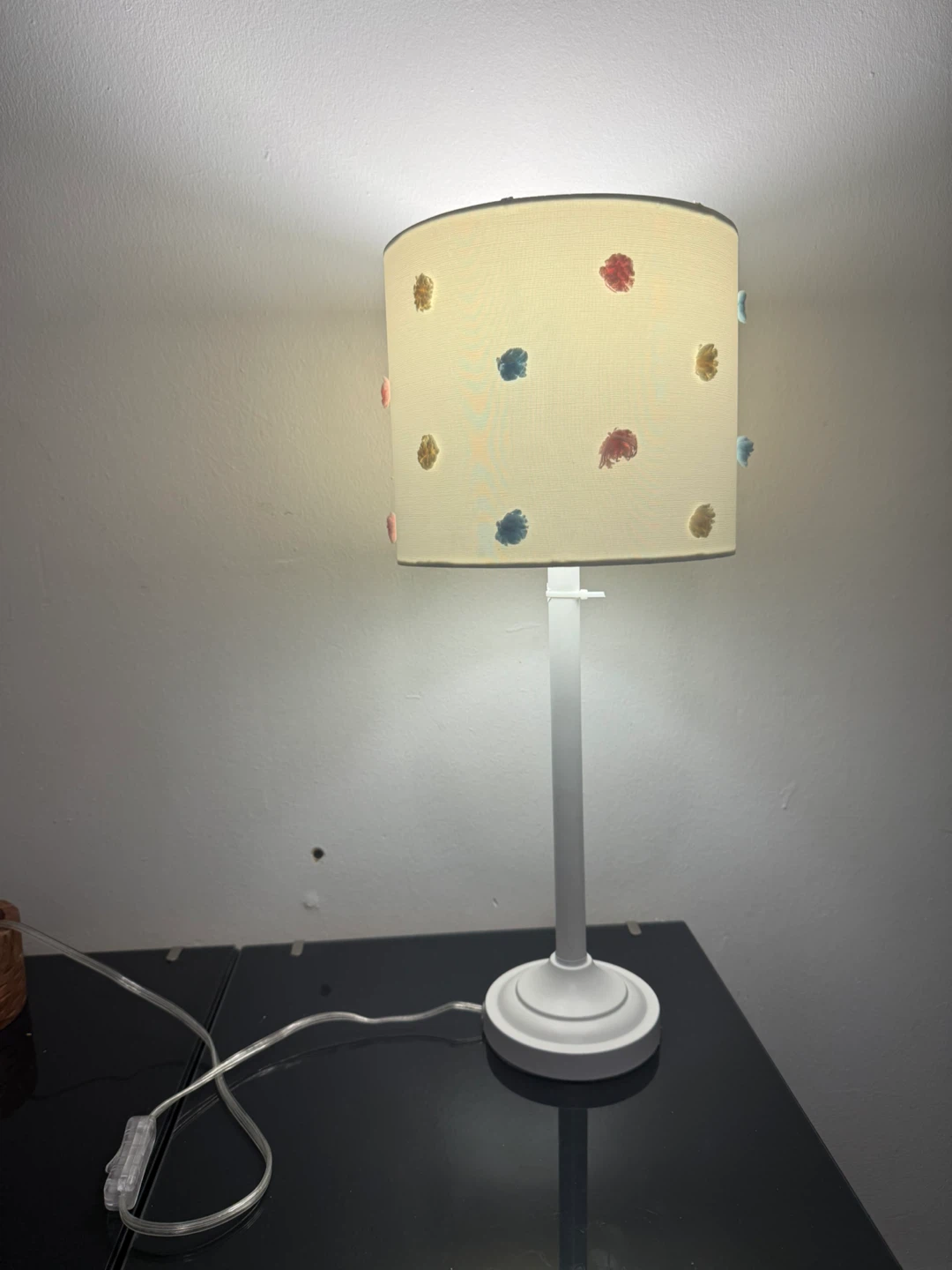 White Table Lamp with Pom Pom Accents