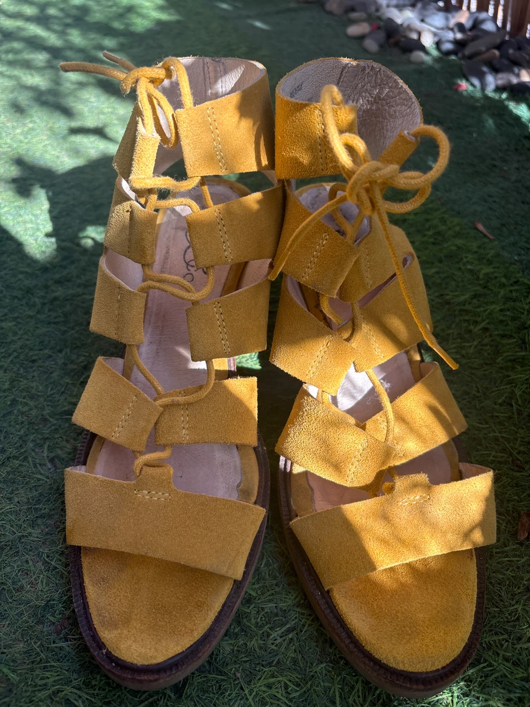 Mustard Yellow Suede Lace-Up Block Heel Sandals