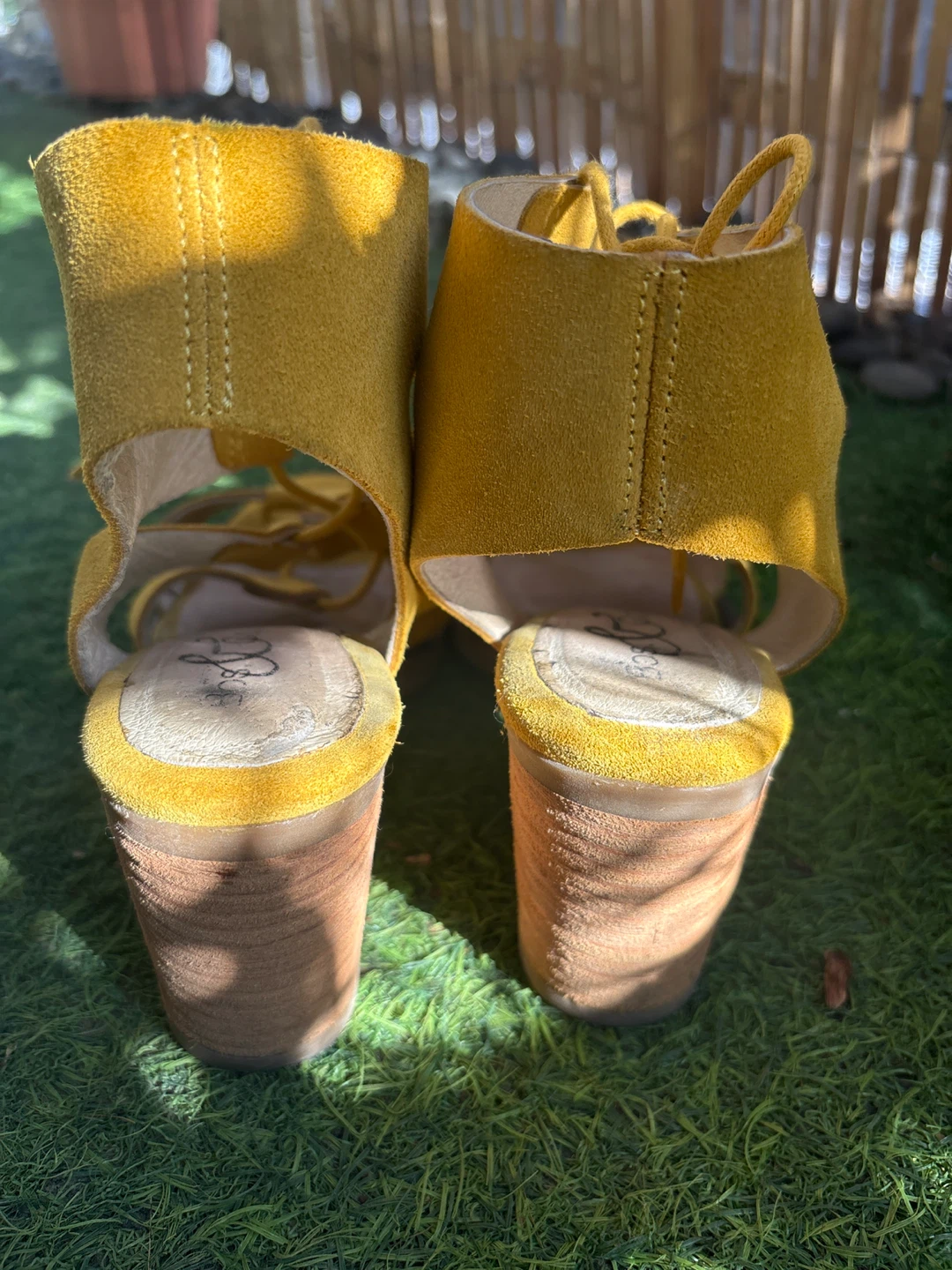 Mustard Yellow Suede Lace-Up Block Heel Sandals - photo 2