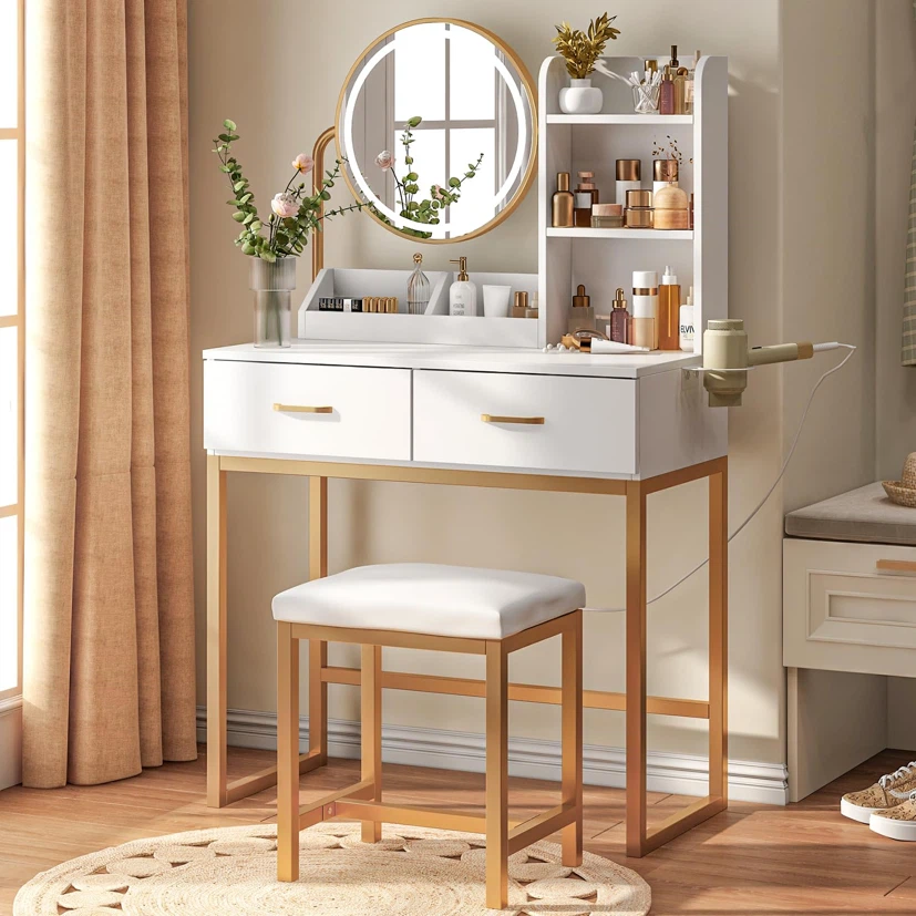 Drefure Small Vanity Desk with Round Mirror & Lights