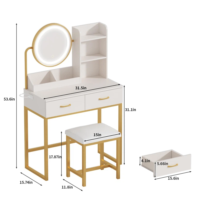 Drefure Small Vanity Desk with Round Mirror & Lights - photo 2