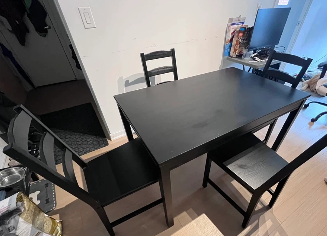 IKEA Bar table and 4 stools, black stained pine