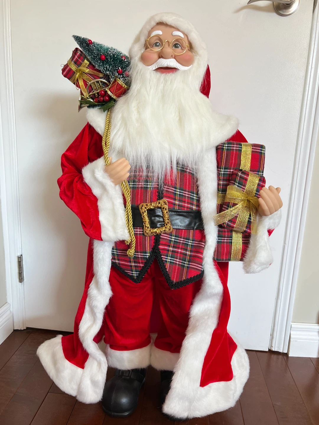 Large Standing Santa Claus Figure with Plaid Vest and Gifts