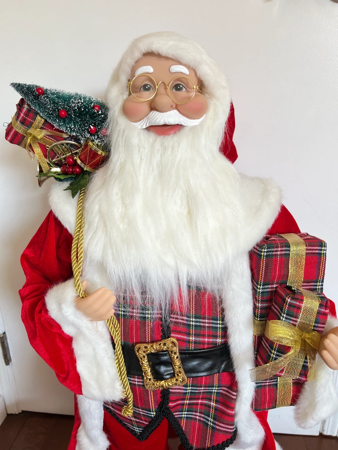 Large Standing Santa Claus Figure with Plaid Vest and Gifts - photo 4