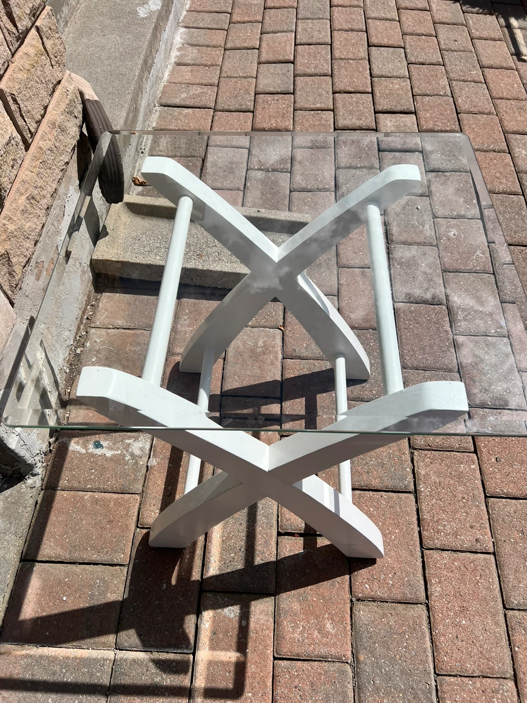 Small White X-Base Coffee Table with Glass Top