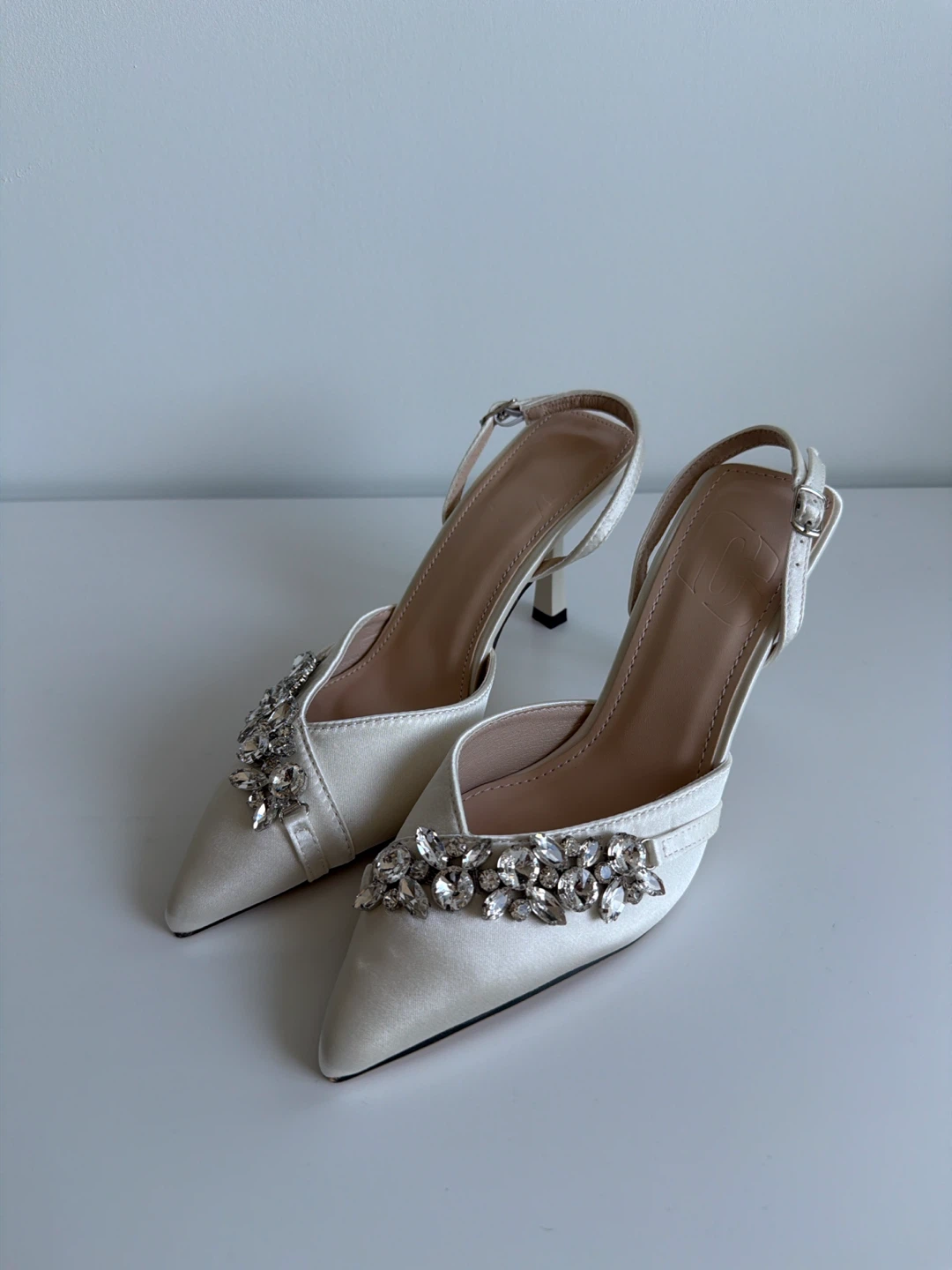 White Satin Slingback Heels with Rhinestone Embellishments - photo 3