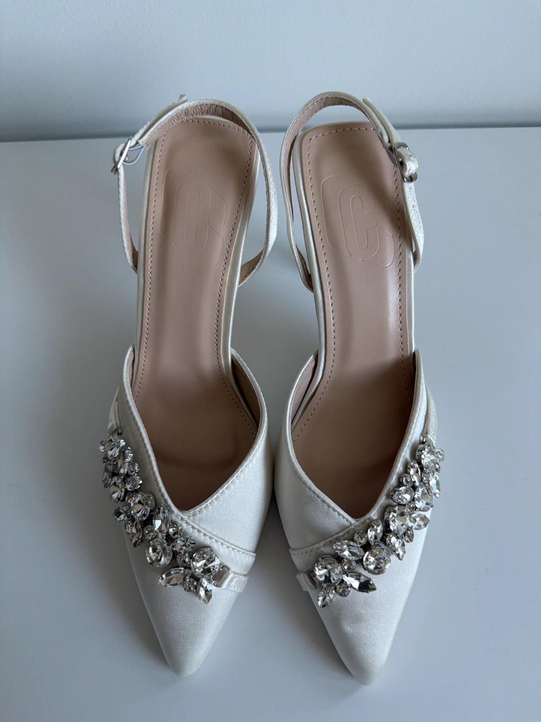 White Satin Slingback Heels with Rhinestone Embellishments - photo 4