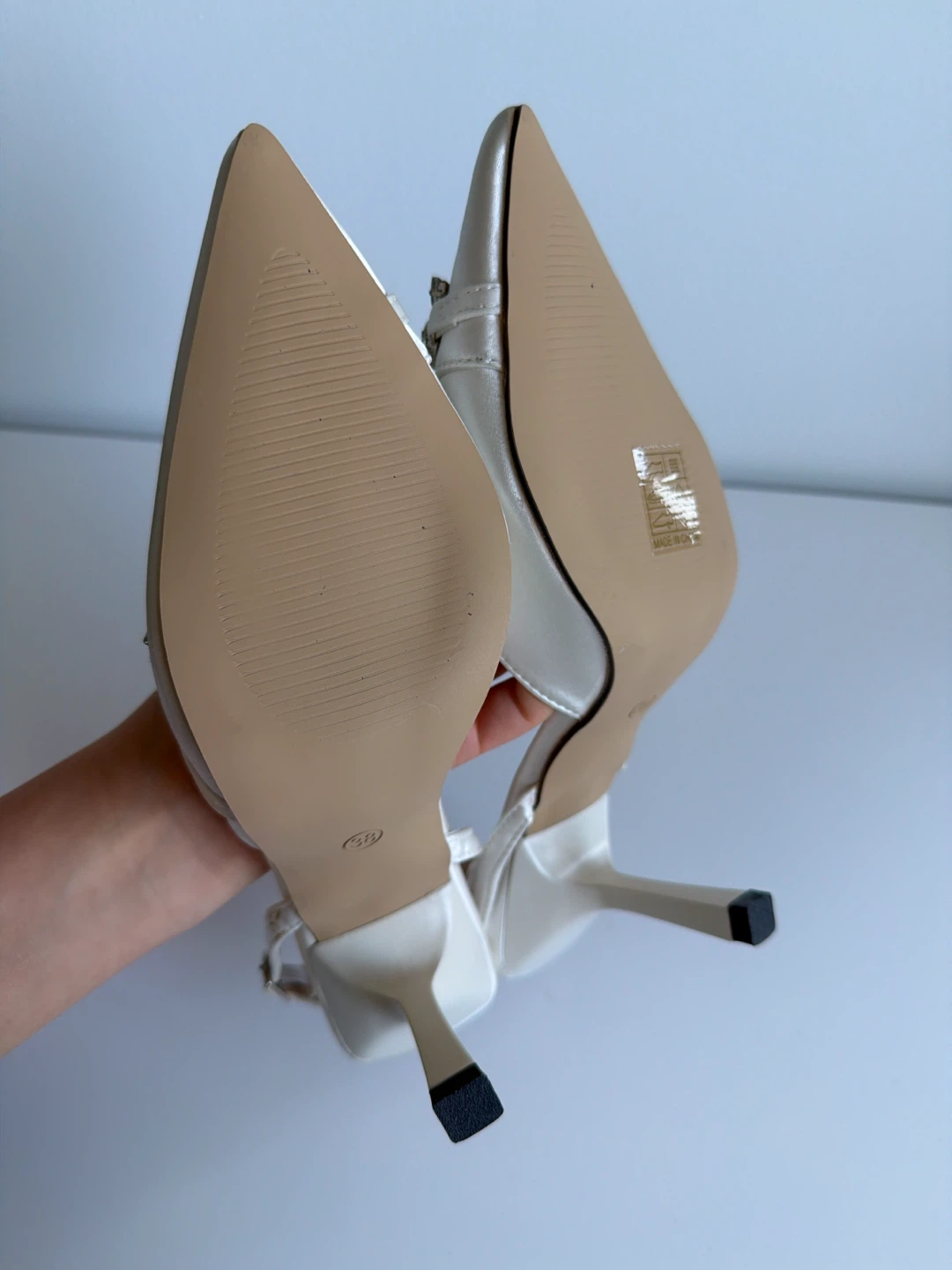 White Satin Slingback Heels with Rhinestone Embellishments - photo 5