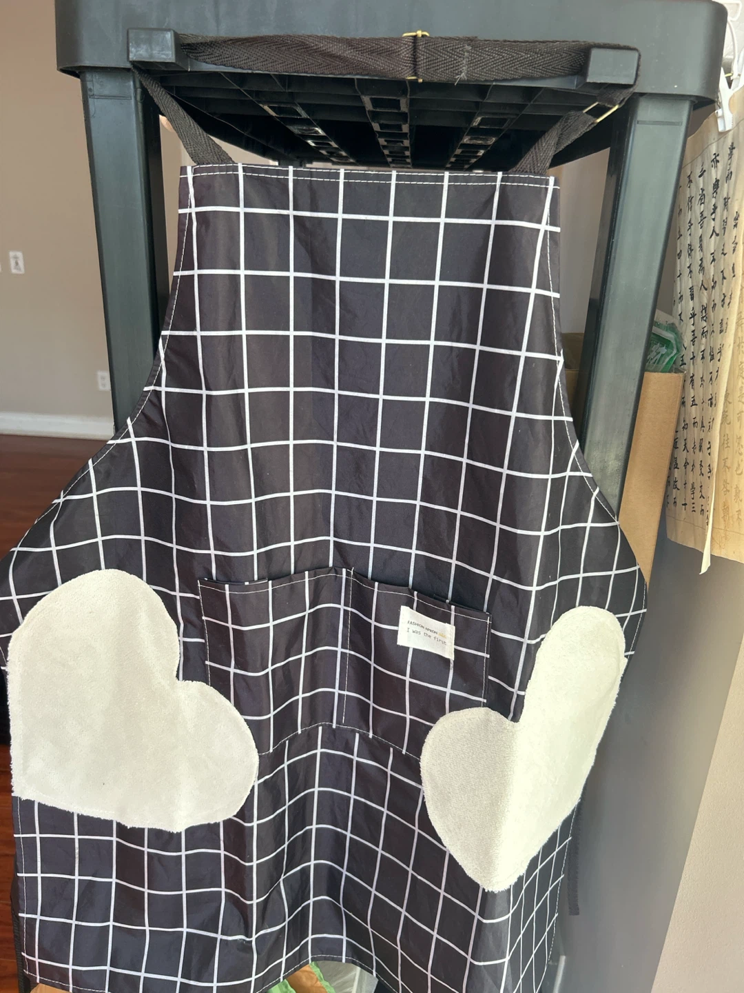 Black and White Grid Apron with Heart Pockets