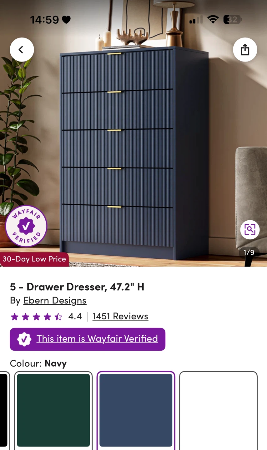 Ebern Designs 5-Drawer Dresser - Navy