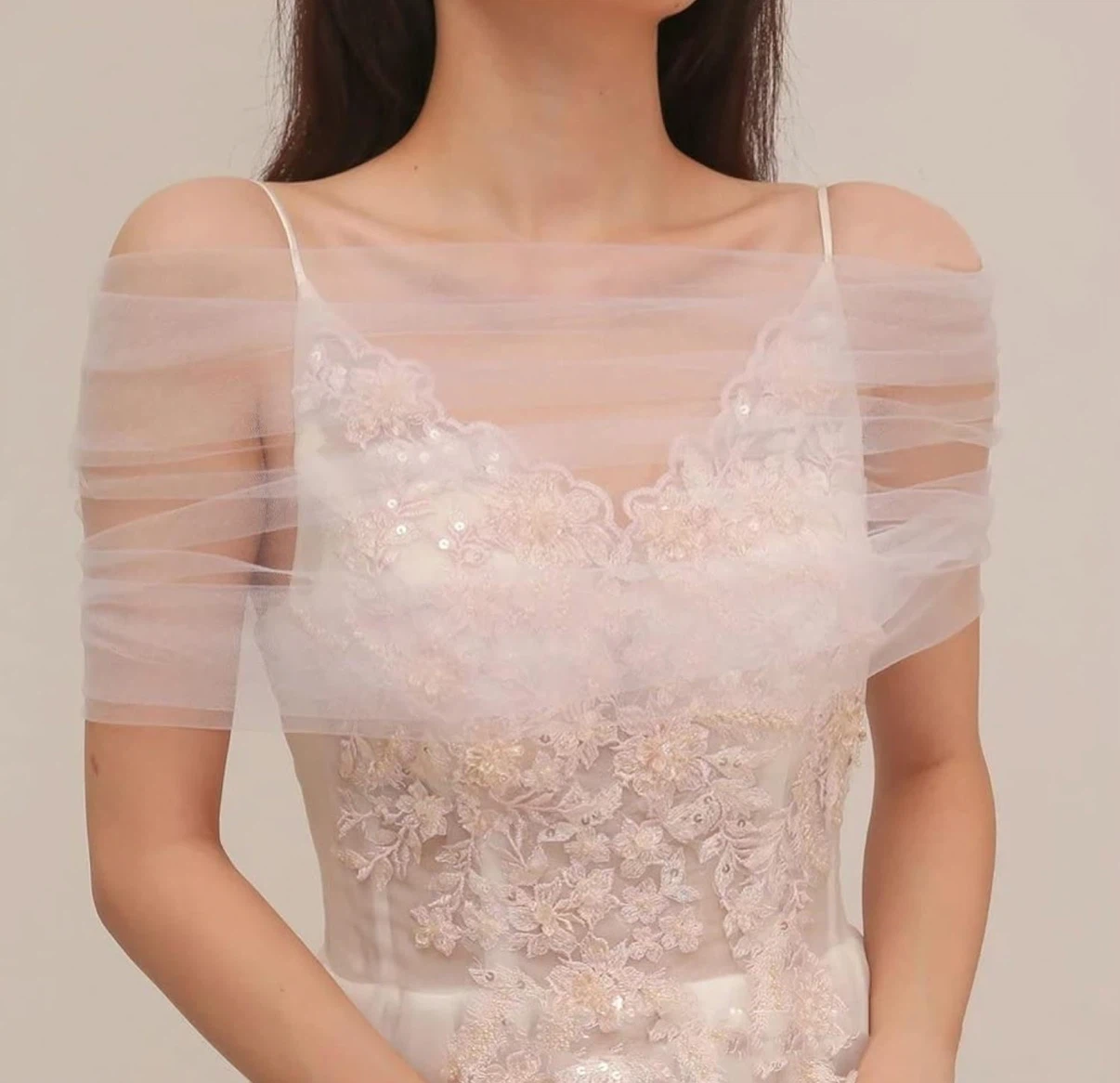 White Tulle Off-the-Shoulder Shawl with Pearl Details