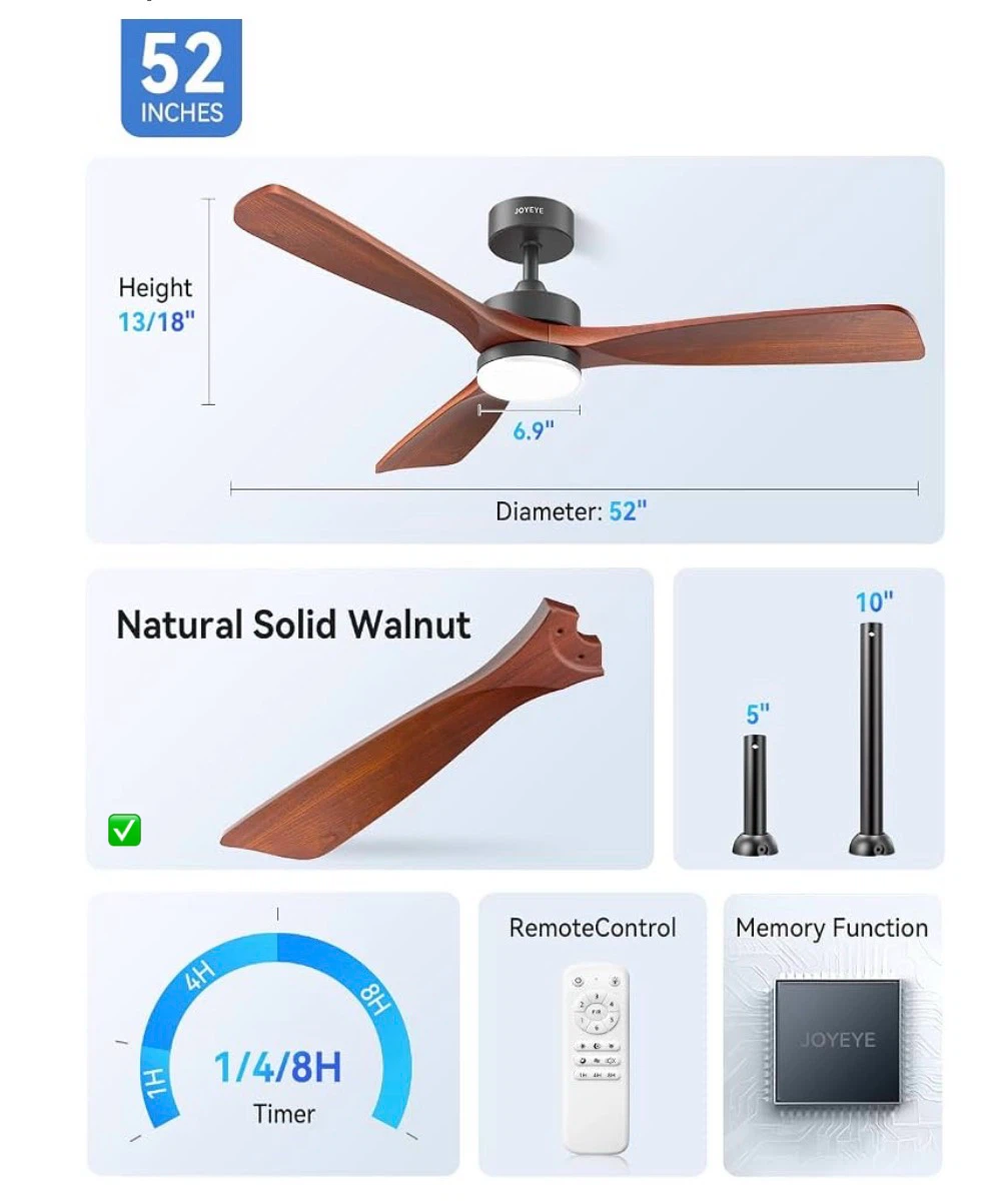 JOYEYE 52-inch Solid Walnut Ceiling Fan with Light - photo 2
