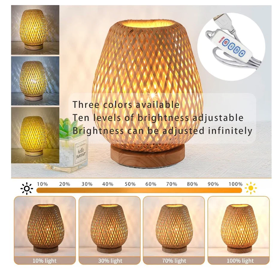 Handmade Bamboo Woven Table Lamp, 3 Color and Stepless Dimmable - photo 2