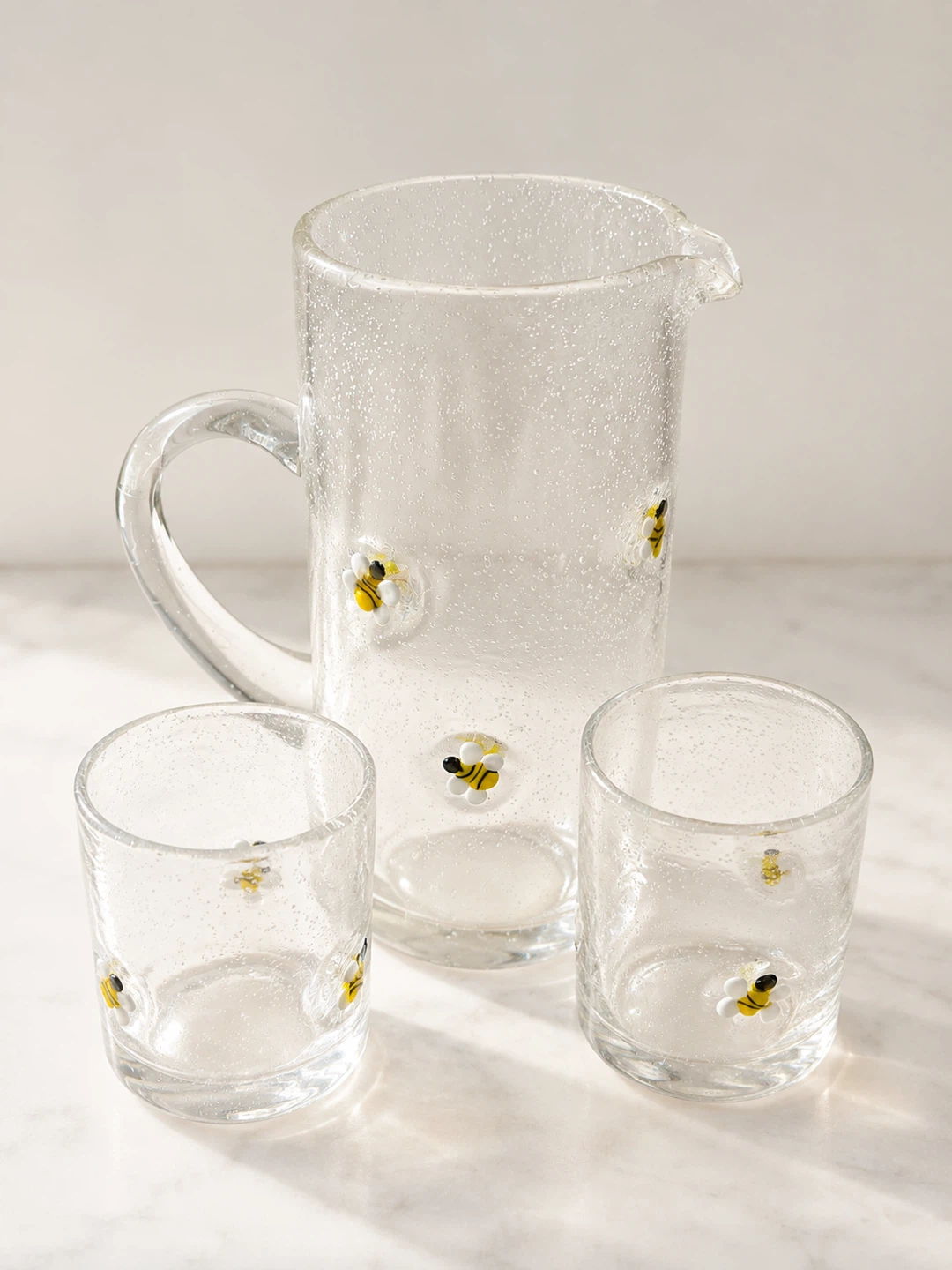 Bee Design Glass Pitcher & 2 Cups – 3-Piece Set