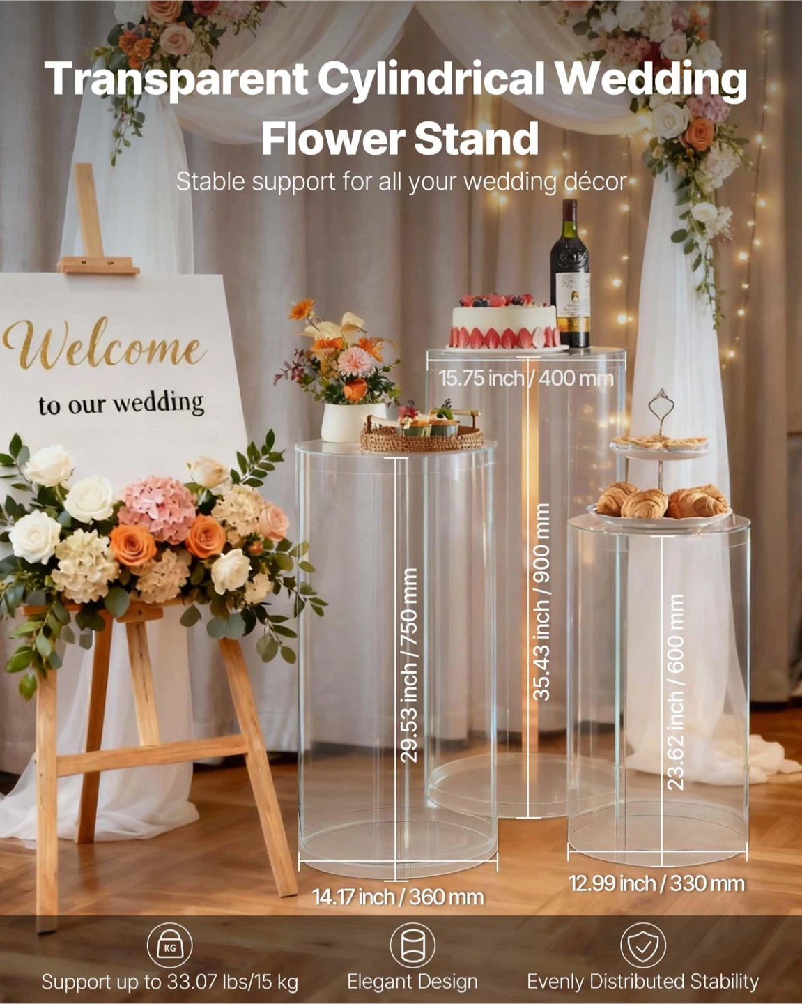3 Pc Round Cylinder Pedestal Stands Wedding, Parties - Clear