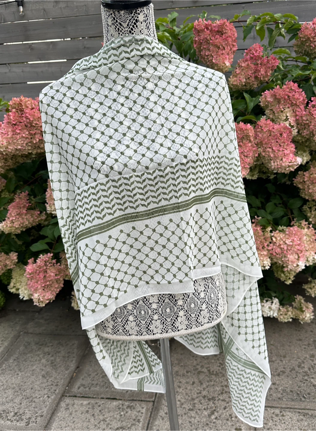 White and Green Chiffon  Keffiyeh Scarf - New