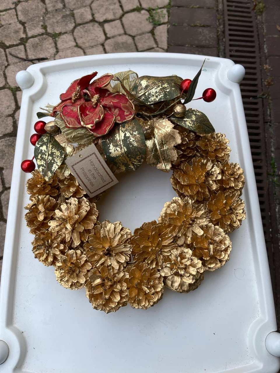 Gold Pinecone and Poinsettia Christmas Wreath