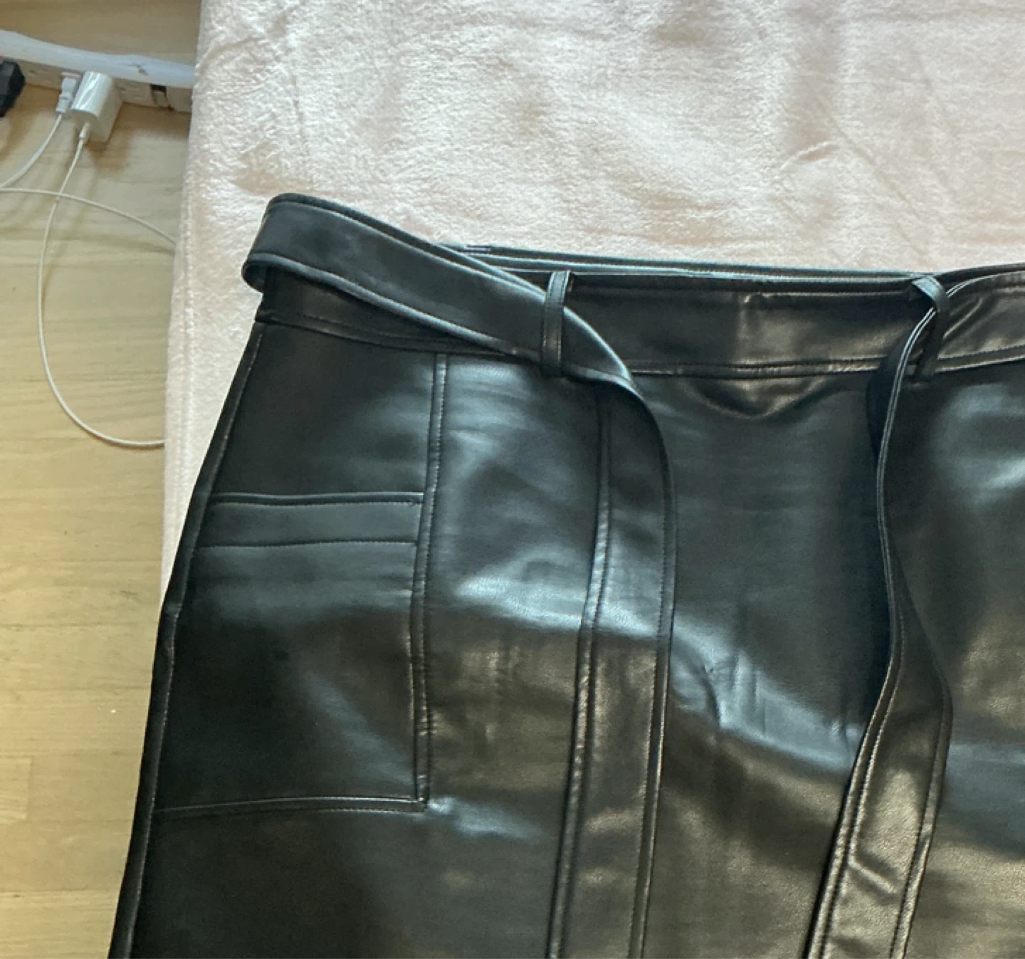 Black Faux Leather Belted Skirt