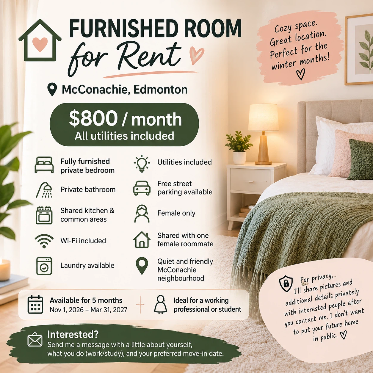 Furnished Room with PRIVATE Bathroom – McConachie | Female Only