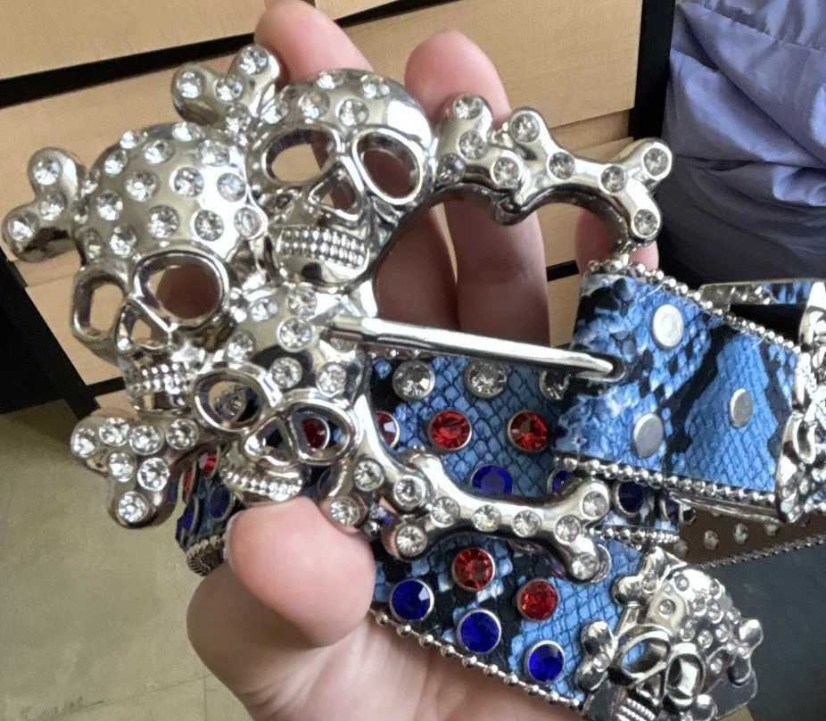 Rhinestone Skull Belt with Blue Snakeskin Pattern