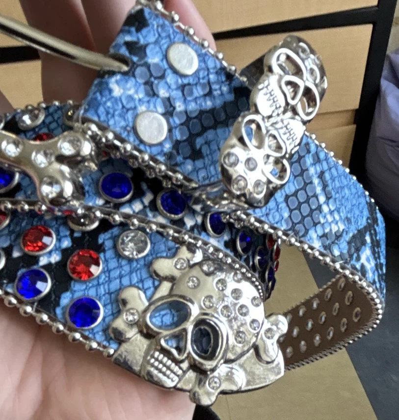 Rhinestone Skull Belt with Blue Snakeskin Pattern - photo 2