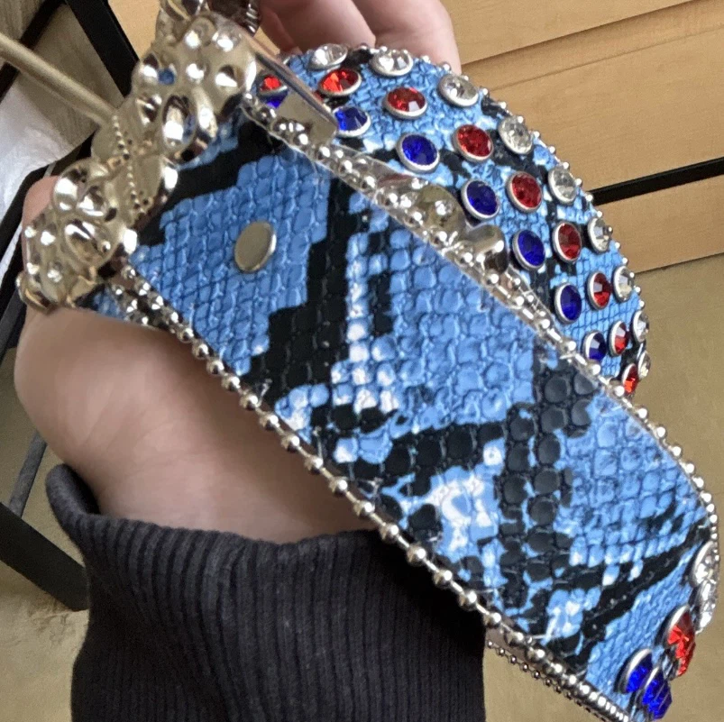 Rhinestone Skull Belt with Blue Snakeskin Pattern - photo 3