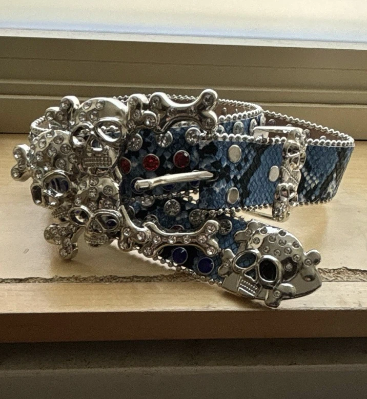 Rhinestone Skull Belt with Blue Snakeskin Pattern - photo 4