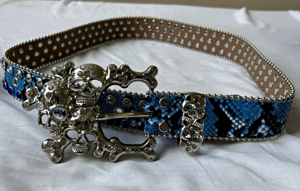 Rhinestone Skull Belt with Blue Snakeskin Pattern - photo 5