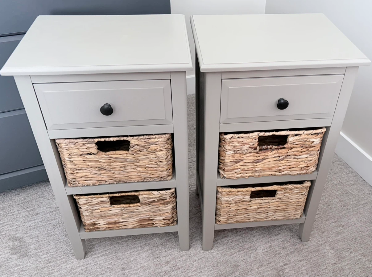 Set of Two Grey Bedside Tables with Woven Baskets
