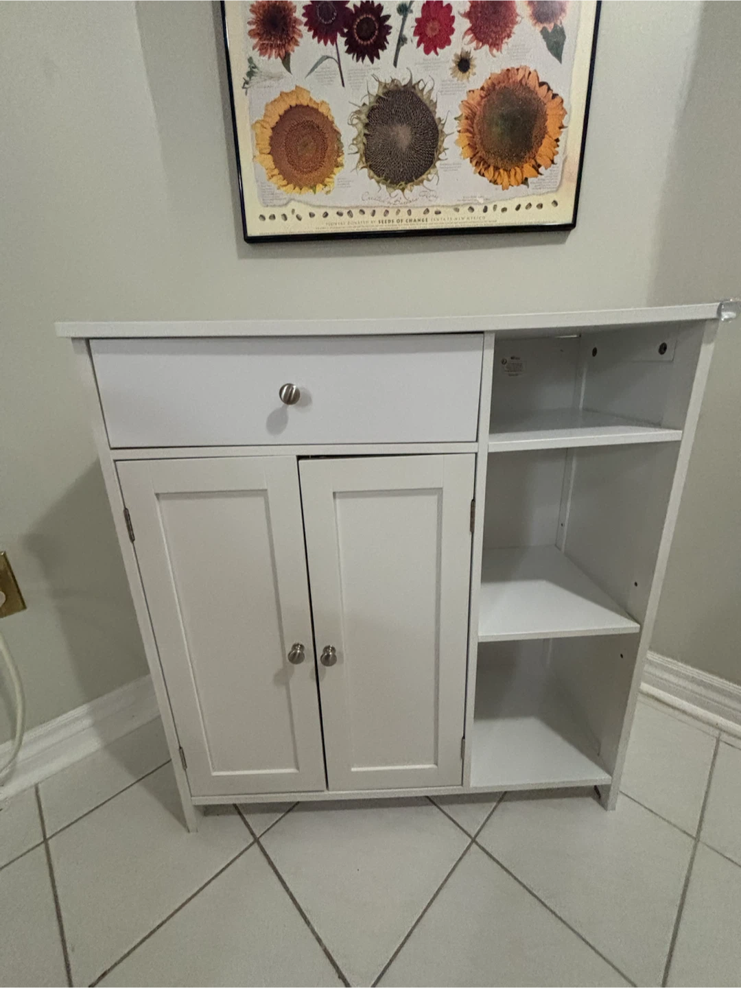 White Storage Cabinet with Drawer and Shelves