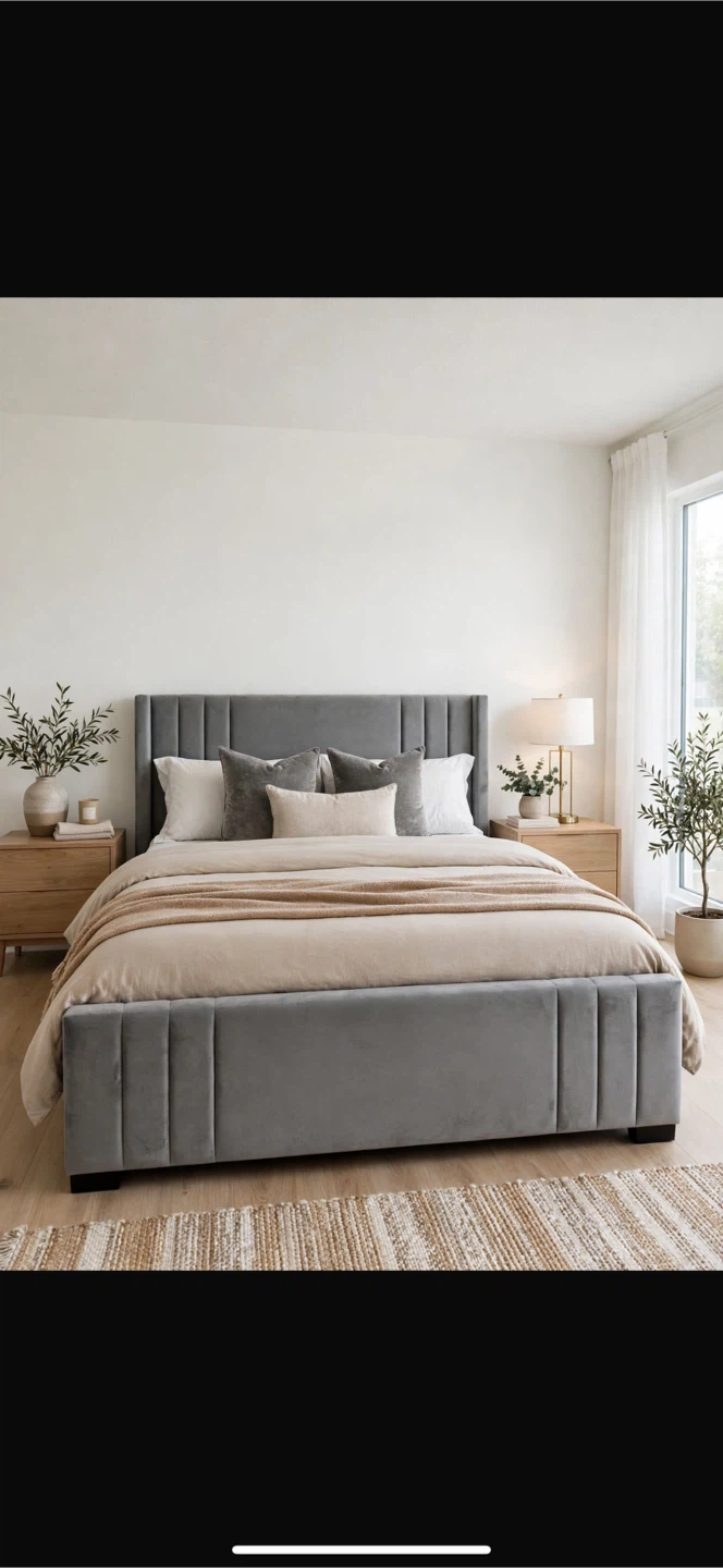 Grey Velvet Upholstered Queen Bed Frame