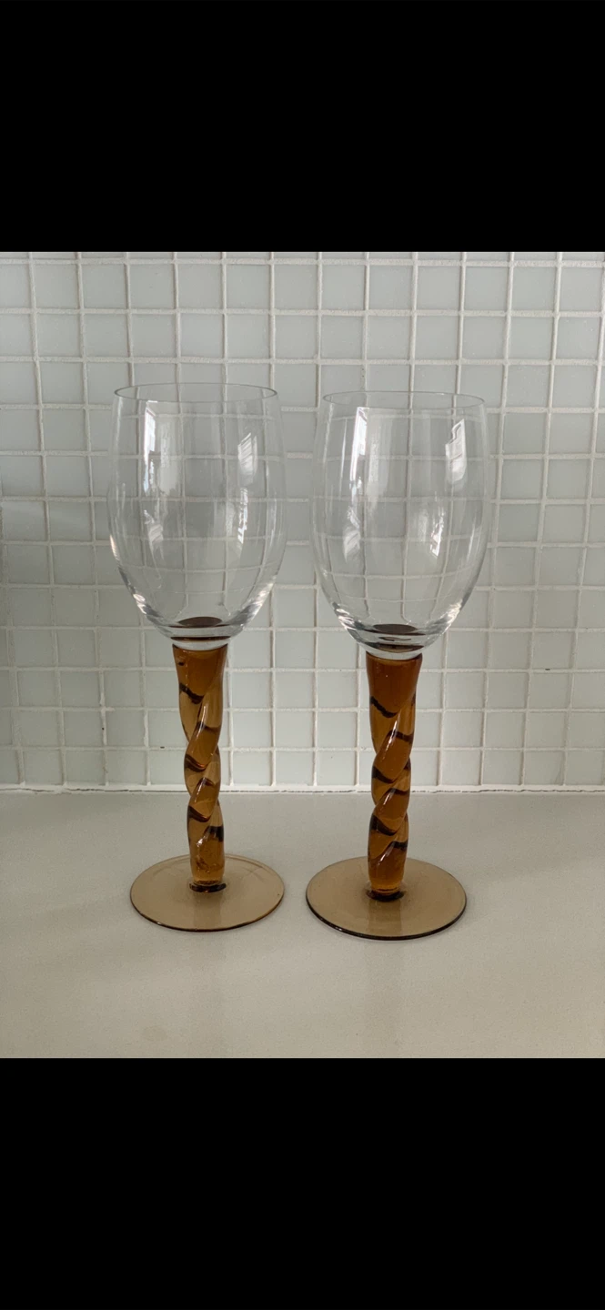 Vintage! Pair of Amber Twist Stem Wine Glasses