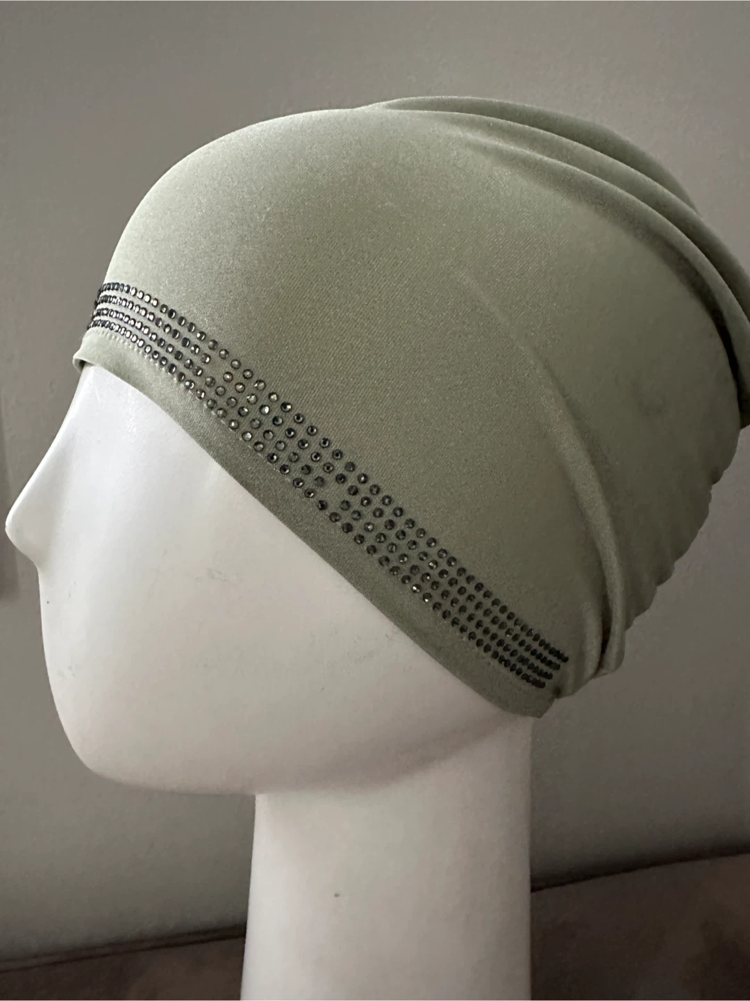 Women's Beanie with Rhinestone Band - Olive Green