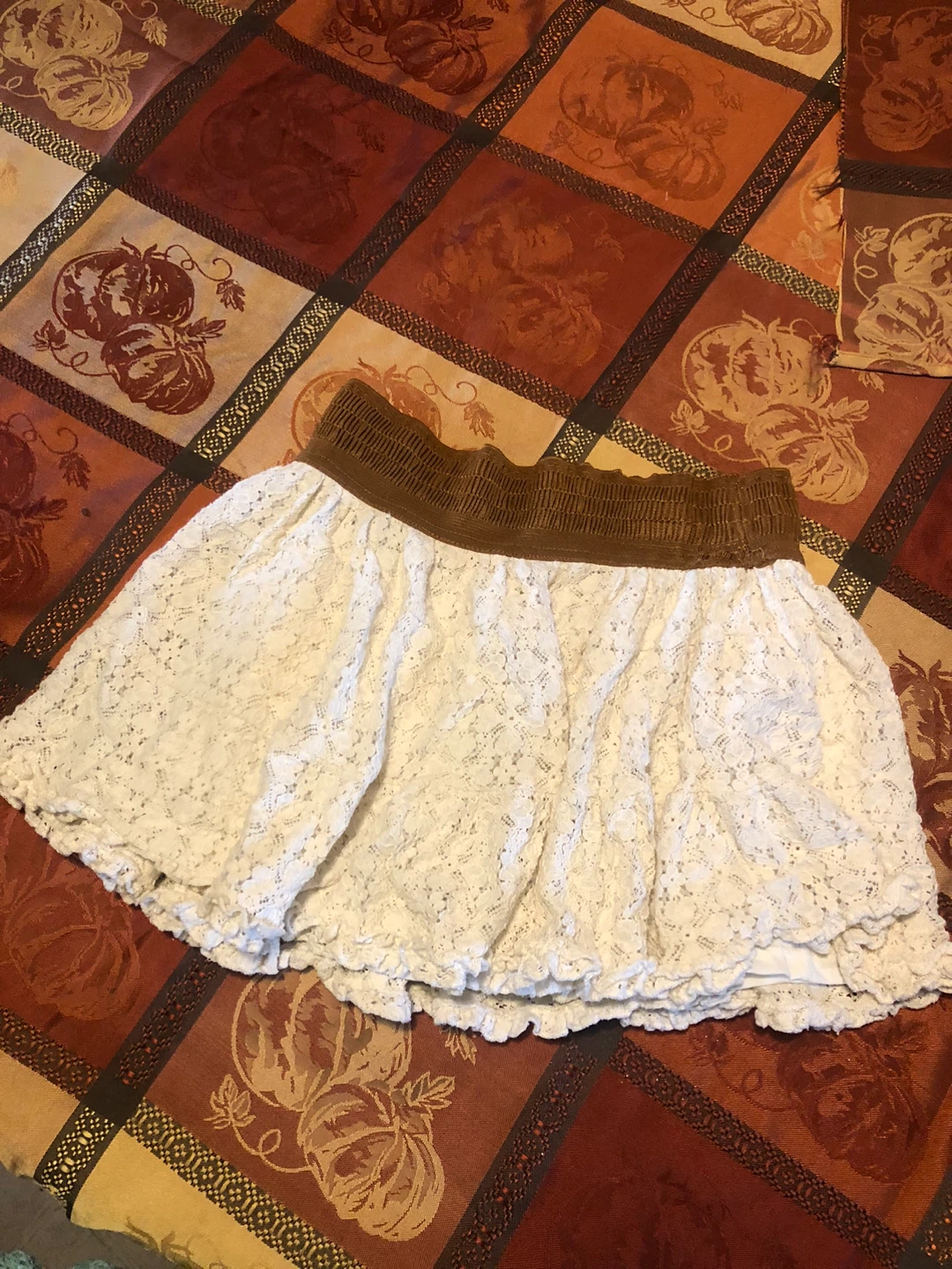 White Fall Lace Skirt with Brown Waistband