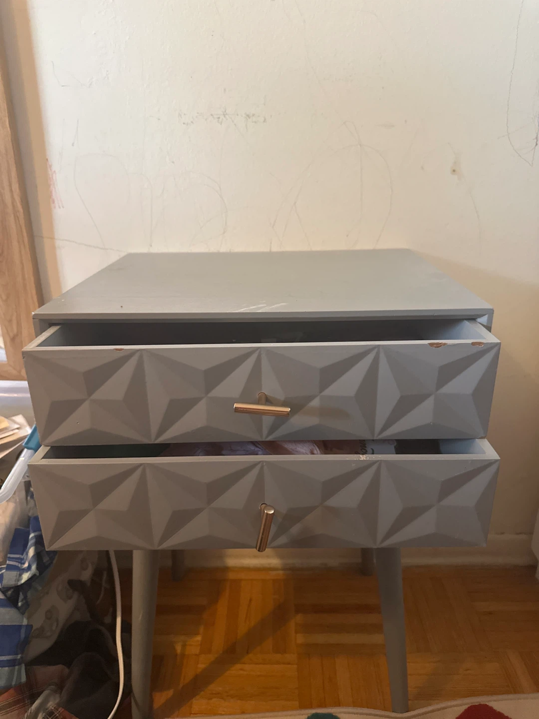 Grey Two-Drawer Nightstand with Geometric Design
