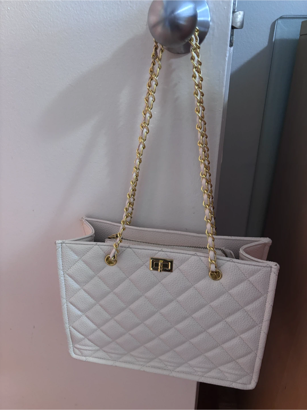 White Quilted Tote Bag with Gold Chain Strap