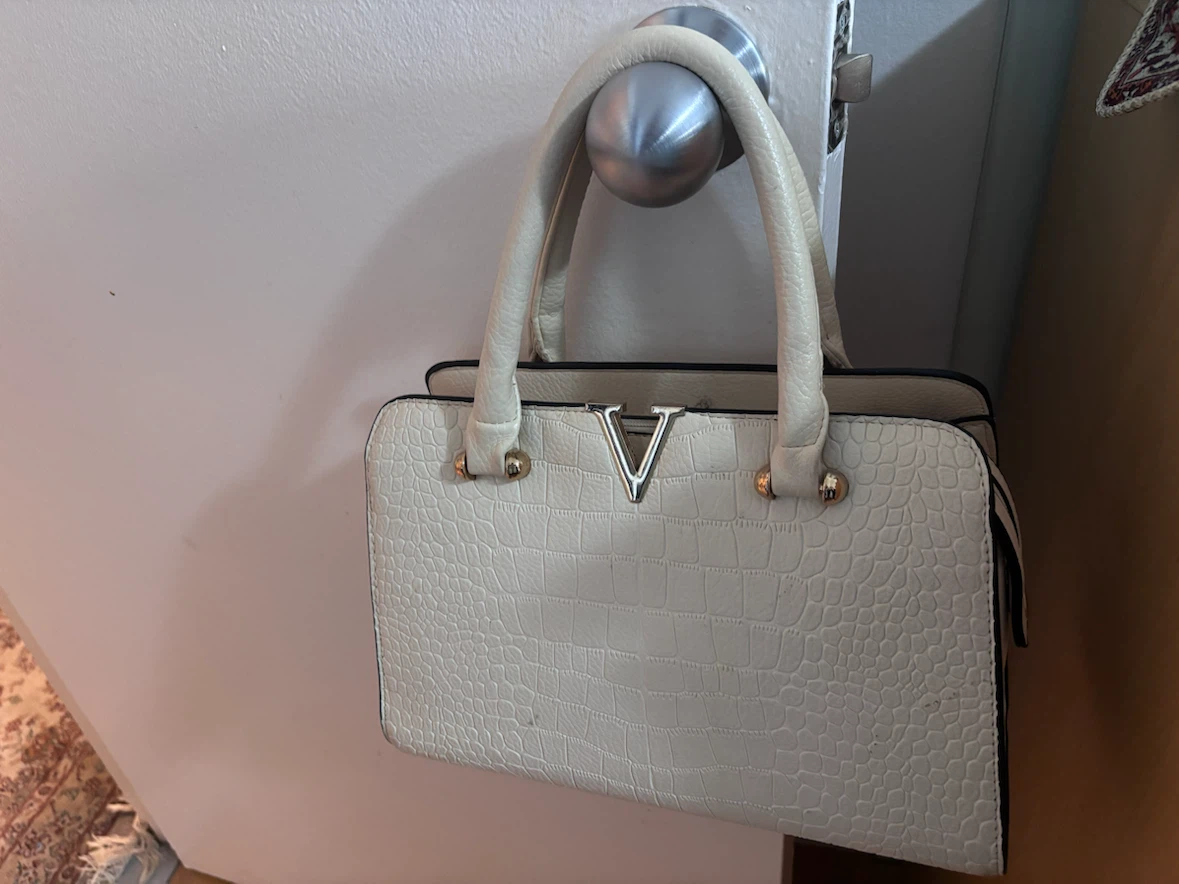 White Textured Top Handle Handbag