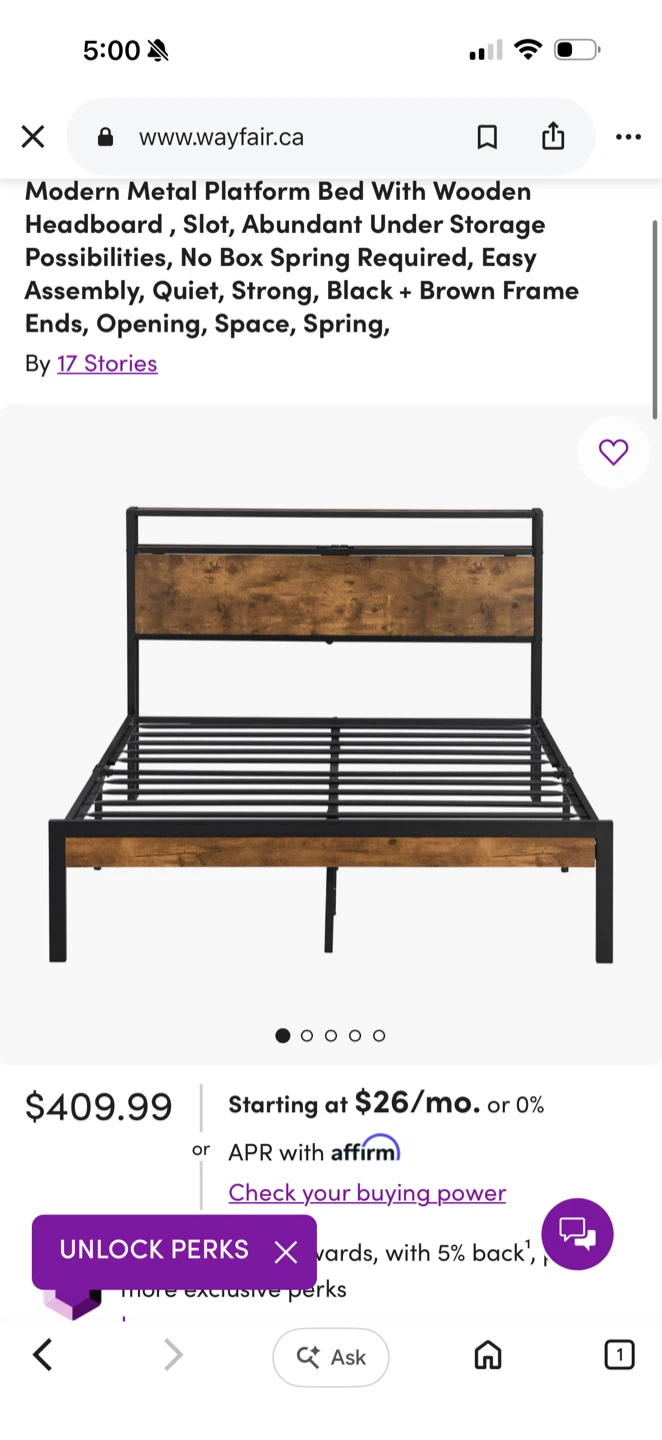 Modern Metal Platform Bed with Wooden Headboard - photo 2