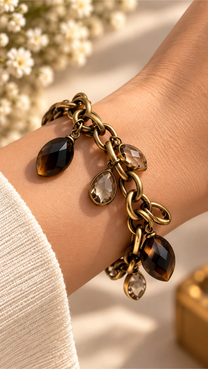 Gold tone charm bracelet with dark and clear stones