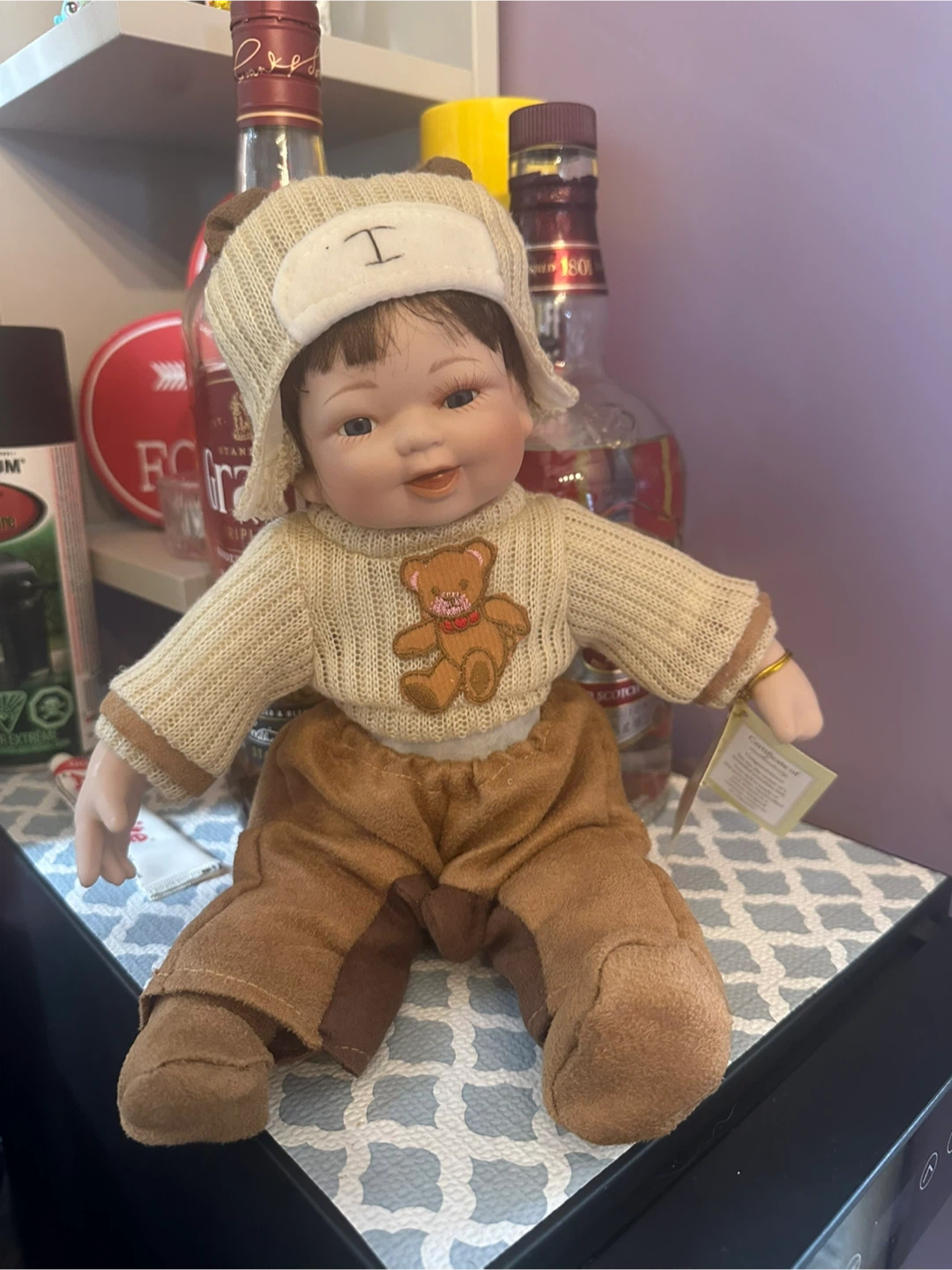 Porcelain Collectible Doll with Teddy Bear Sweater