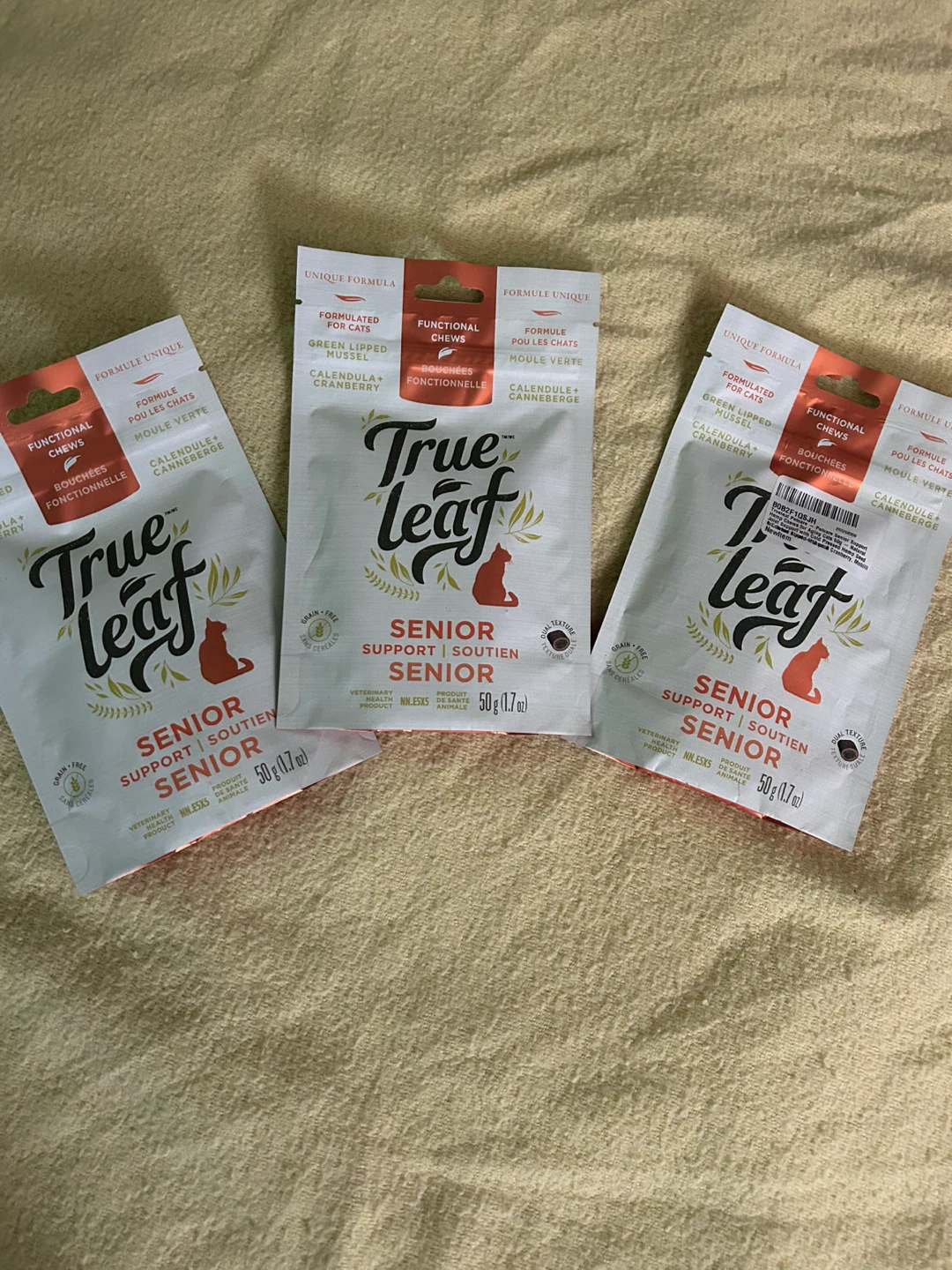 Three Bags of True Leaf Senior Support Cat Chews
