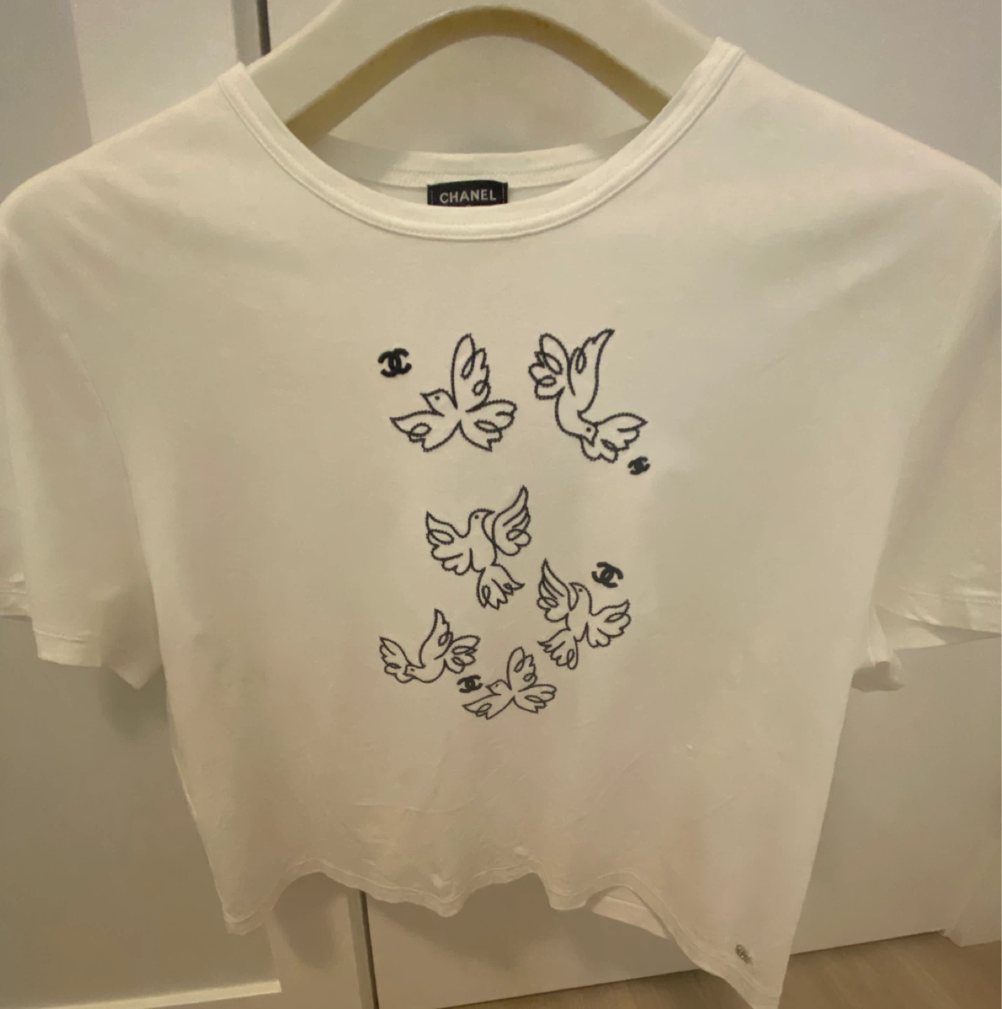 Chanel White T-Shirt with Dove Embroidery