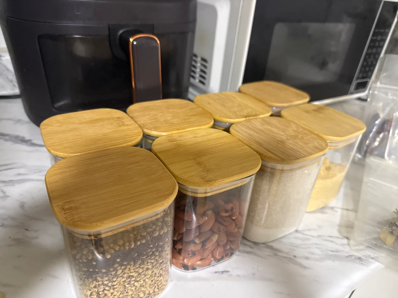 Set of 8 Bamboo Lid Glass Storage Jars