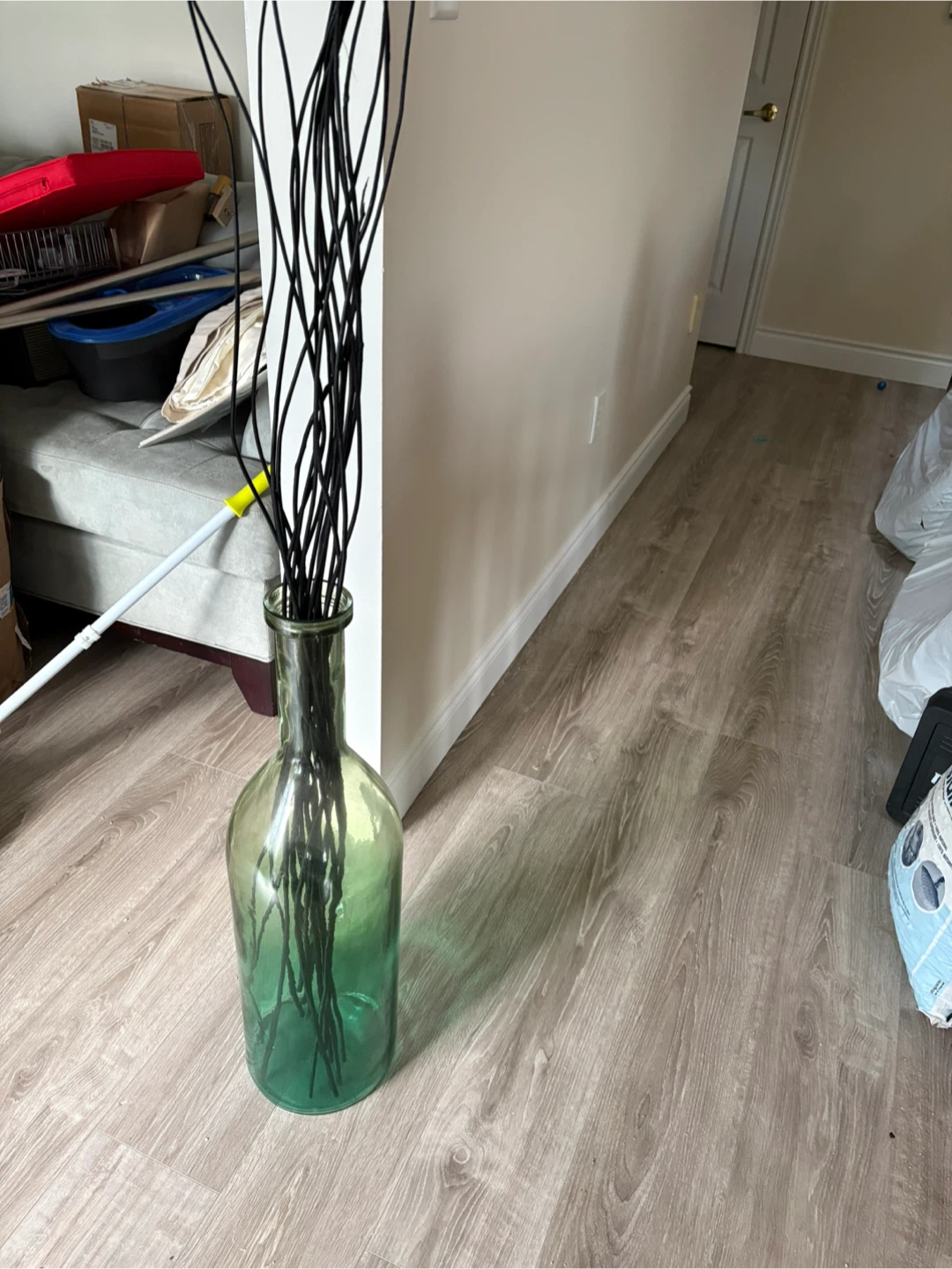 Large Green Glass Decorative Vase with Black Branches
