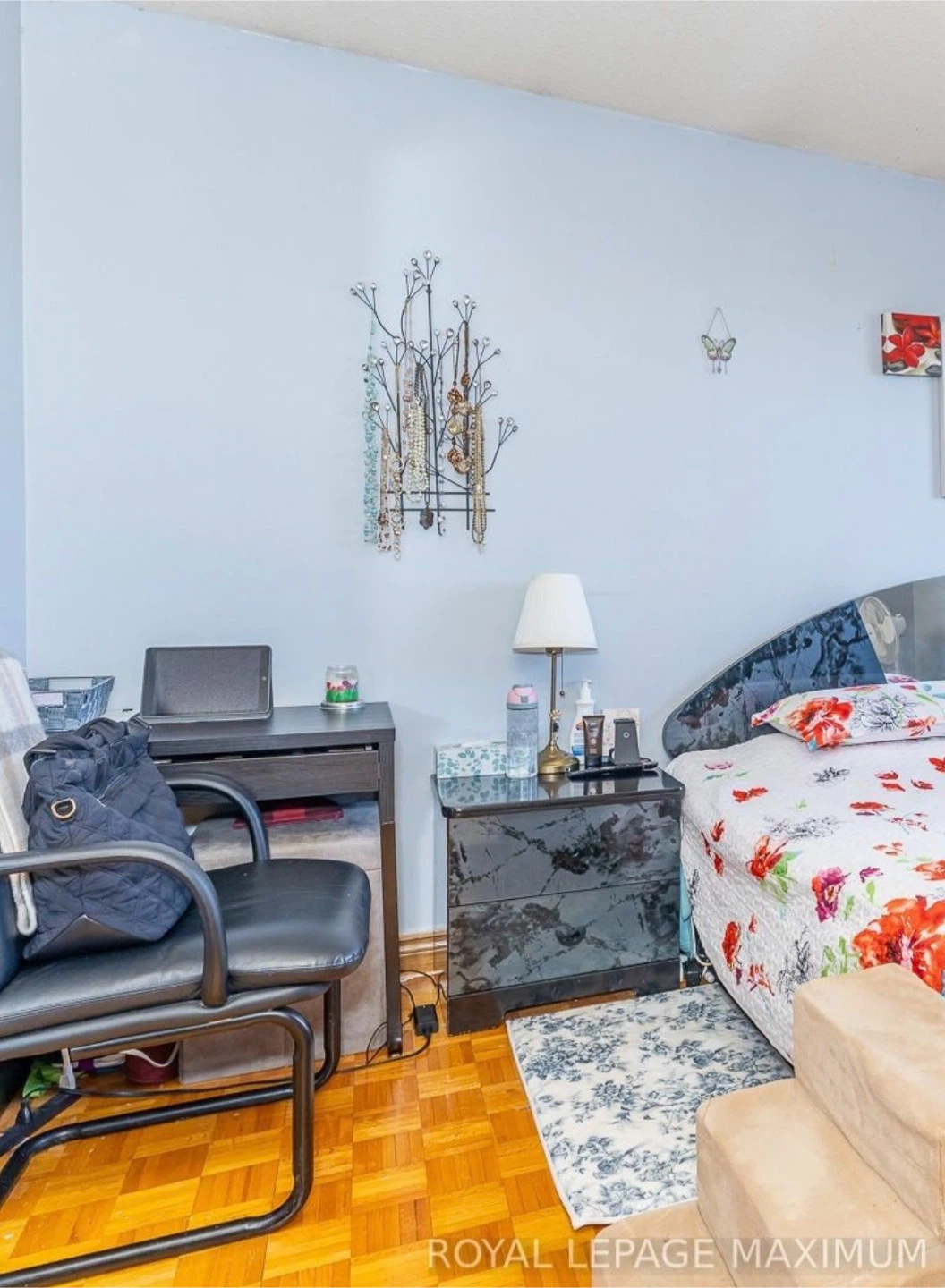 King size Bed Frame and 2 side tables. Office desk and chair.