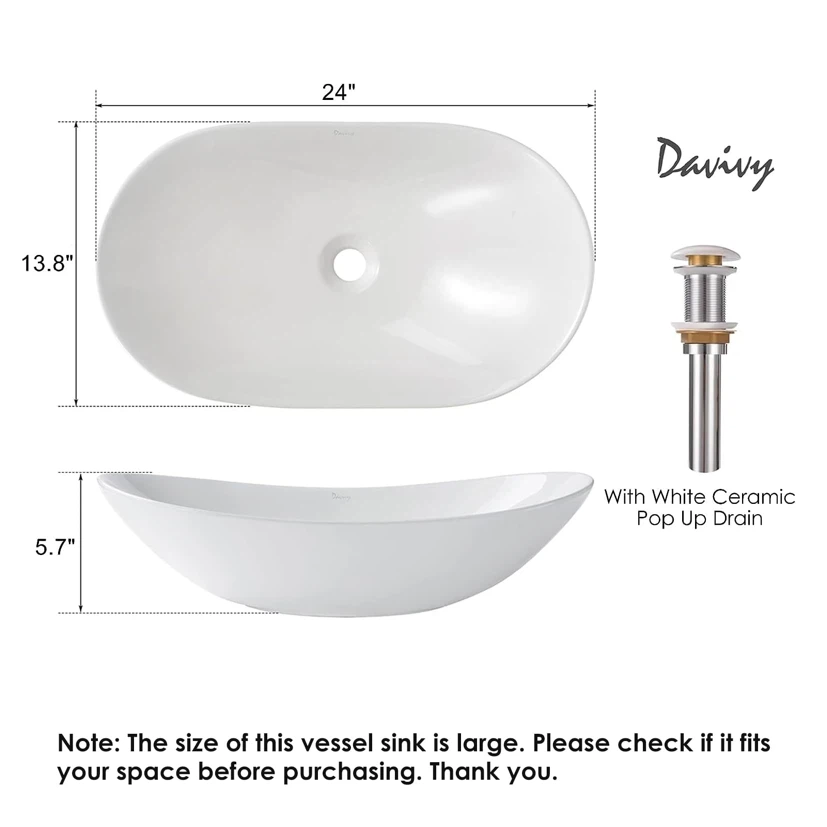 Davivy Large Oval Vessel Sink with Pop Up Drain - photo 3