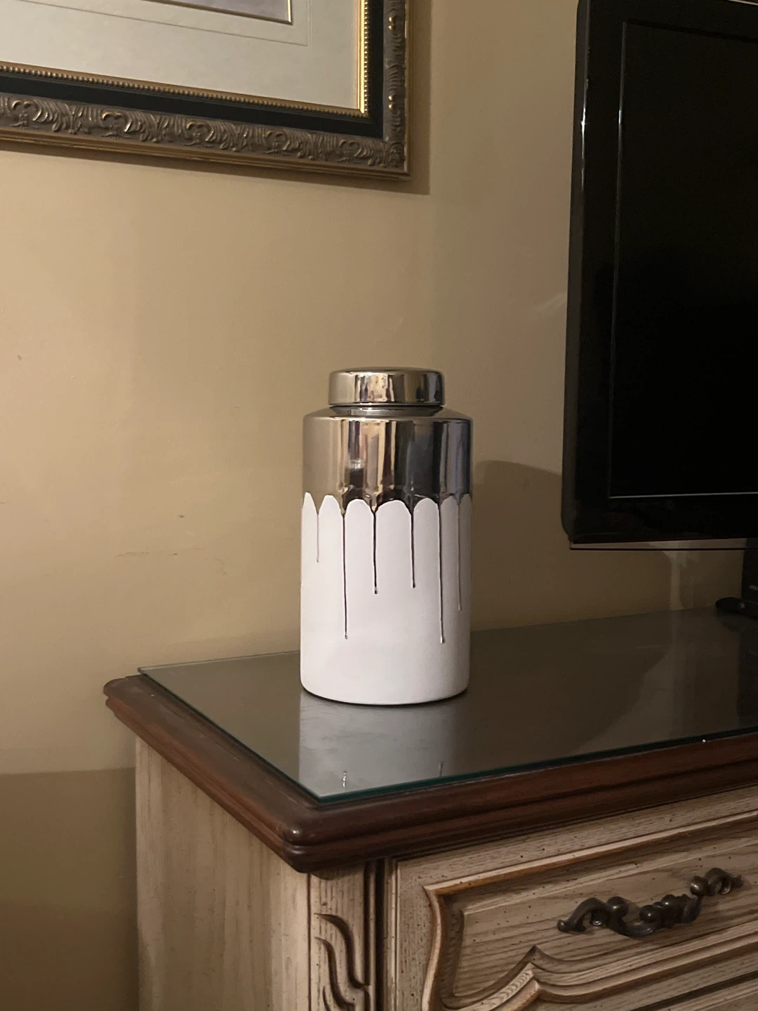 Brand New Modern Silver & White Melting Drip Statement Canister